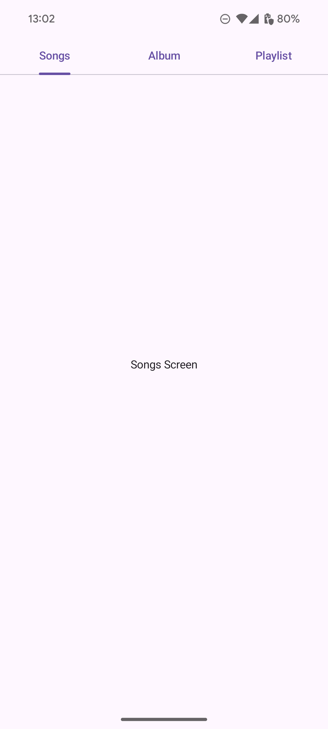 ۳ تب که به صورت افقی در بالای صفحه برنامه چیده شده‌اند. این تب‌ها آهنگ‌ها، آلبوم و لیست پخش هستند که تب آهنگ‌ها انتخاب شده و زیر آن خط کشیده شده است.